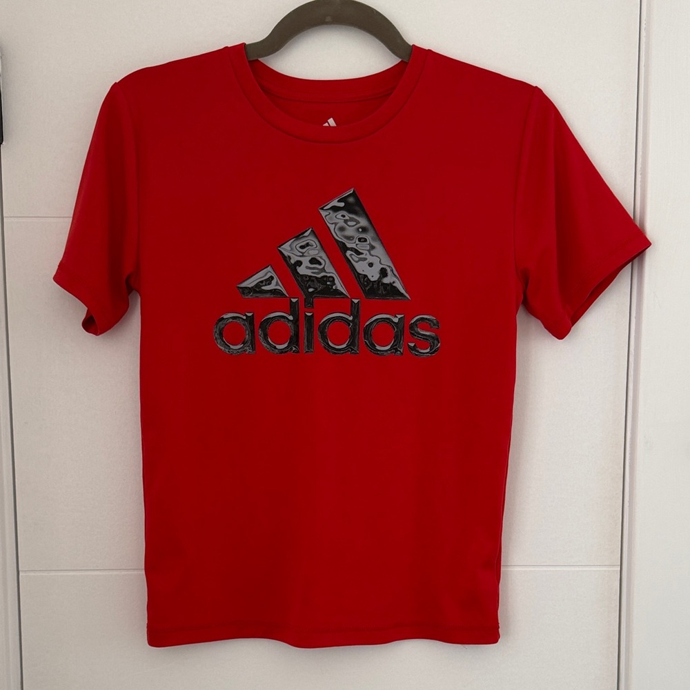 Youth S Adidas Red Athletic Tee with Black/Grey Graphic Logo
